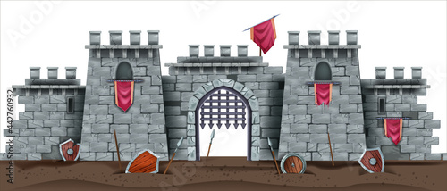 Castle brick wall seamless background, stone ancient fortress ruin, gray tower, battlefield illustration. Medieval history fortification building, broken shield, arch city gate, grate. Castle ruin