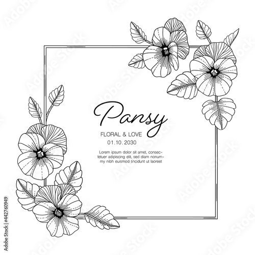 Hand drawn pansy floral greeting card background..