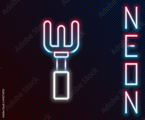 Glowing neon line Garden rake icon isolated on black background. Tool for horticulture, agriculture, farming. Ground cultivator. Housekeeping equipment. Colorful outline concept. Vector