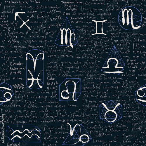 Abstract seamless pattern with zodiac signs, handwritten text Lorem ipsum and hand-drawn geometrical figures on a black backdrop. Vector background in the style of chalk drawings on a blackboard