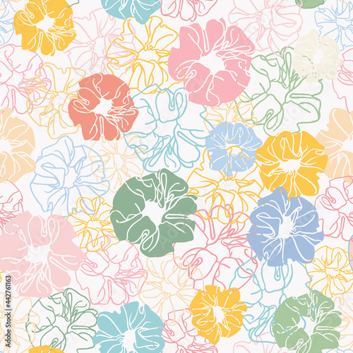 Abstract scrunchie seamless repeat pattern. Random placed, vector outlined and fill pastel colored hair accessory all over surface print.
