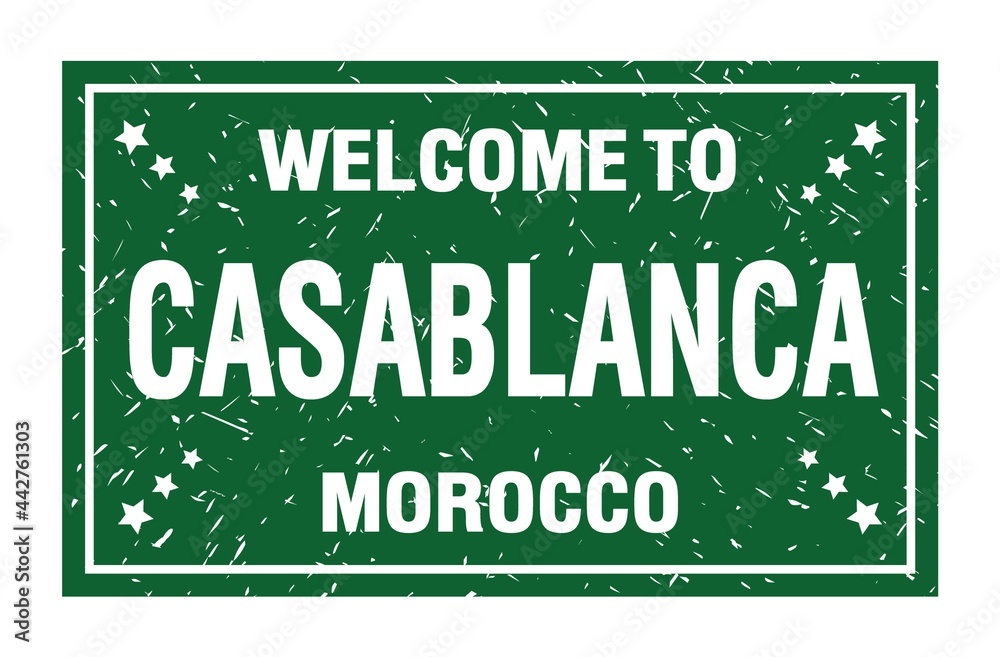 WELCOME TO CASABLANCA - MOROCCO, words written on green rectangle stamp