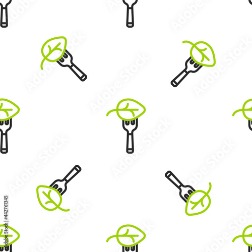 Line Vegan food diet icon isolated seamless pattern on white background. Organic, bio, eco symbol. Vegan, no meat, lactose free, healthy, fresh and nonviolent food. Vector
