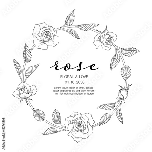 Hand drawn rose floral greeting card background.