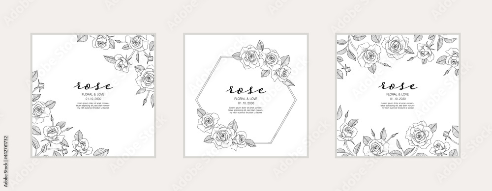 Hand drawn rose floral greeting card background.