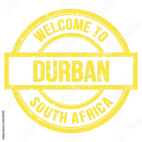 WELCOME TO DURBAN - SOUTH AFRICA, words written on yellow stamp