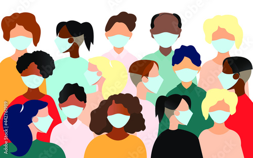 People in mask. Virus protection mask. Face mask vector. people wearing masks. Coronavirus protection. Covid 19 protection. Vector composition for presentations and marketing
