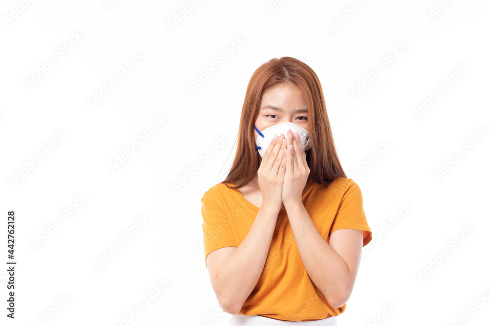 Young Asian woman wearing face mask, mask mouth protect filter pm2.5 anti pollution, anti smog and protection covid 19. Air pollution, environmental concept.