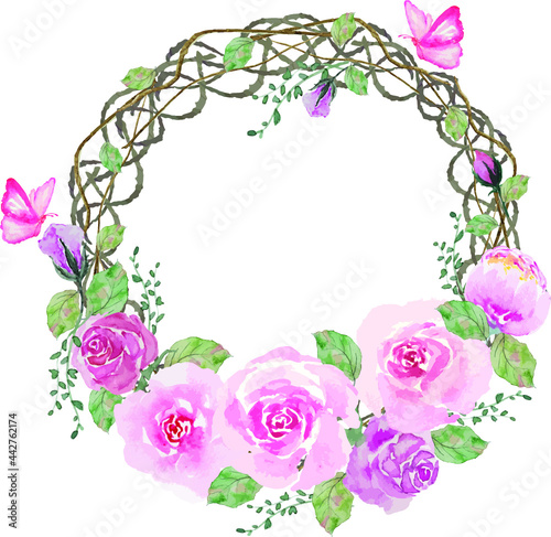 Watercolor vector illustration pink roses flower wreath with circle root branch ring frame