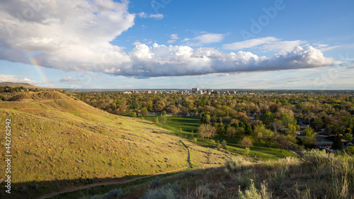 Boise Idaho neighborhood skyline after rain in Spring. View from Camels Back Park. 