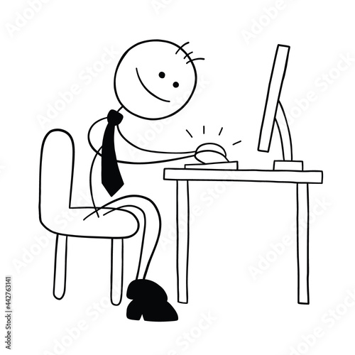 Stickman businessman character working at the computer and happy, vector cartoon illustration