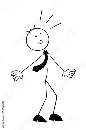 Stickman businessman character looking up and surprised, vector cartoon illustration