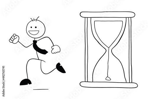 The hourglass has started and stickman businessman character is running and happy, vector cartoon illustration