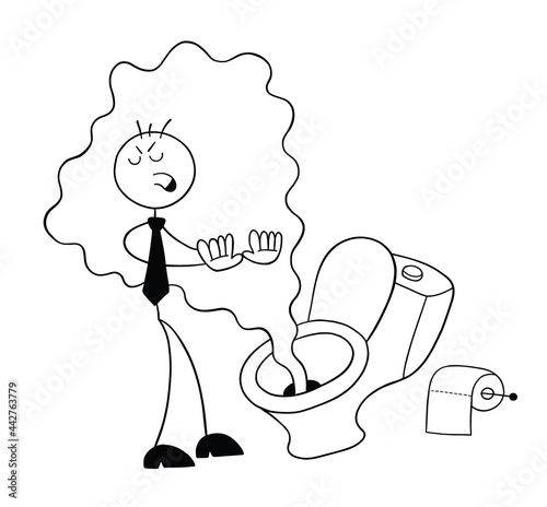 Stickman businessman character in front of the toilet and it smells really bad, vector cartoon illustration
