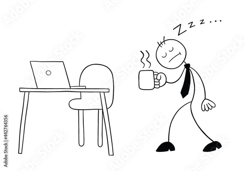 Stickman businessman character very sleepy, walking to his desk with coffee, vector cartoon illustration