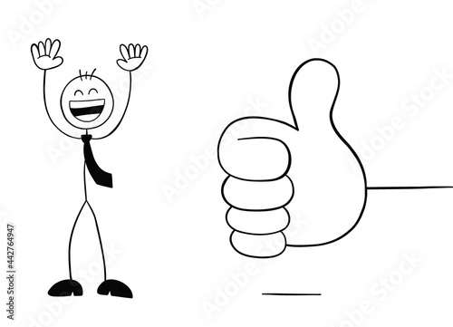 Giving thumbs up and stickman businessman character very happy, vector cartoon illustration