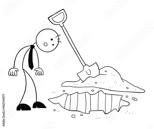 The soil is dug and stickman businessman character looking, vector cartoon illustration