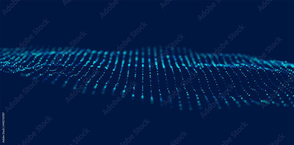 Dynamic blue particle wave. Abstract sound visualization. Flow digital structure. Mesh landscape or grid data technology. - obrazy, fototapety, plakaty 