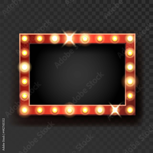 Broadway Sign With Lighting Lamps On Frame Vector. Blank Broadway Advertising Banner With Glowing Lightbulbs, Sparkling Billboard. Vintage Decoration And Signboard Template Realistic 3d Illustration