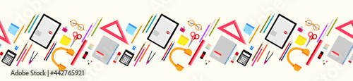Back to school elements seamless horizontal border, banner pattern design  with school supplies, digital tablet, online distance education concept