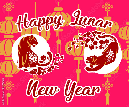 Happy chinese new year 2022 Zodiac sign, year of the tiger, red and gold paper, flower and Asian elements with craft style on background, Christmas taming for Asian new year, greeting card
