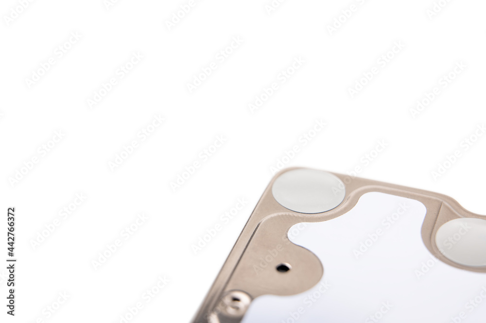 Close up hard drive in cover side isolated on white background. Close up hard drive in cover side isolated on white background.