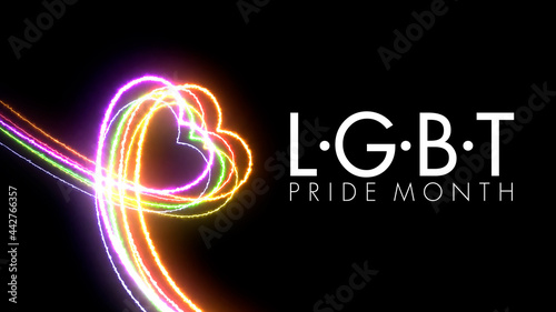 Colorful heart LGBT Pride Month symbol abstract  line blazing neon glowing on black background 