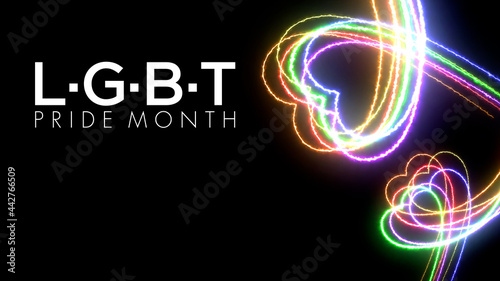 Colorful heart LGBT Pride Month symbol abstract  line blazing neon glowing on black background 