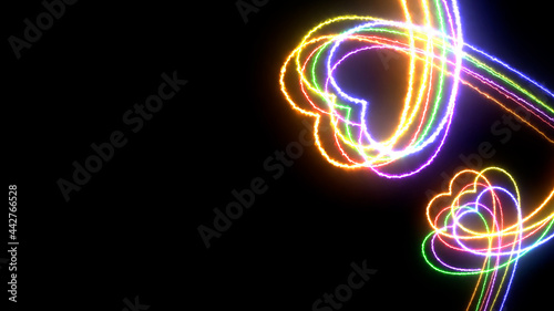 Colorful heart LGBT Pride Month symbol abstract  line blazing neon glowing on black background 