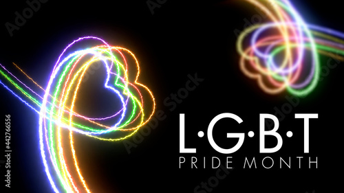Colorful heart LGBT Pride Month symbol abstract  line blazing neon glowing on black background 