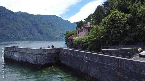 Aerial landscape from the drone on a sunny day of Como lake in Bellagio, north Italy, Lombardy