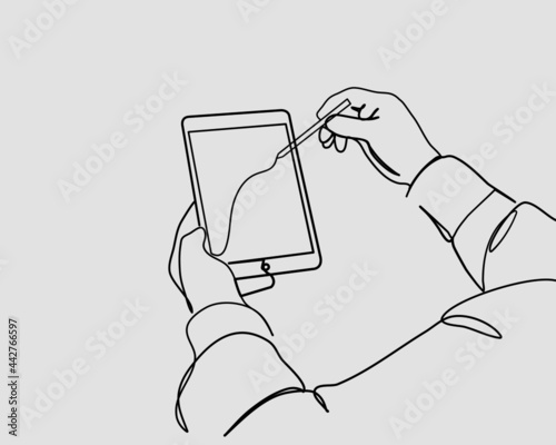 Continuous line, Over head shot of a graphic designer with stylus pen writing on tablet. Drawing of set Art. (Vector illustration one line drawing)
