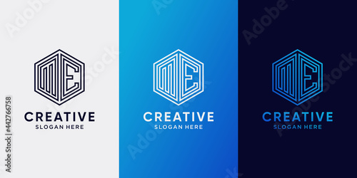 Creative monogram logo design initial letter ME with line art style and hexagon concept