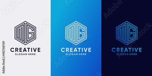 Creative monogram logo design initial letter MG with line art style and hexagon concept