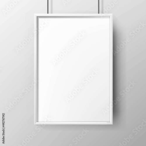 Poster Blank Advertising Paper With Frame Vector. Hanging On Wall Poster, Street Or Underground Marketing Advertisement Business Page. Promotion Empty Canvas Template Realistic 3d Illustration
