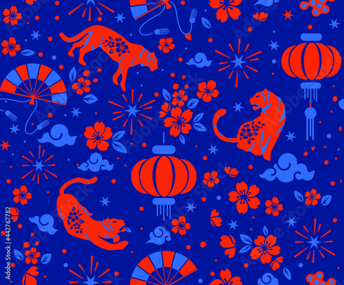 Vector stock abstract chinese traditional oriental pattern, year of the tiger with asian elements and flower with handicraft style on background, Red and blue