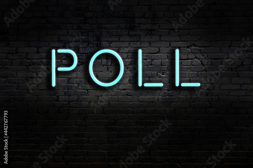 Neon sign. Word poll against brick wall. Night view photo