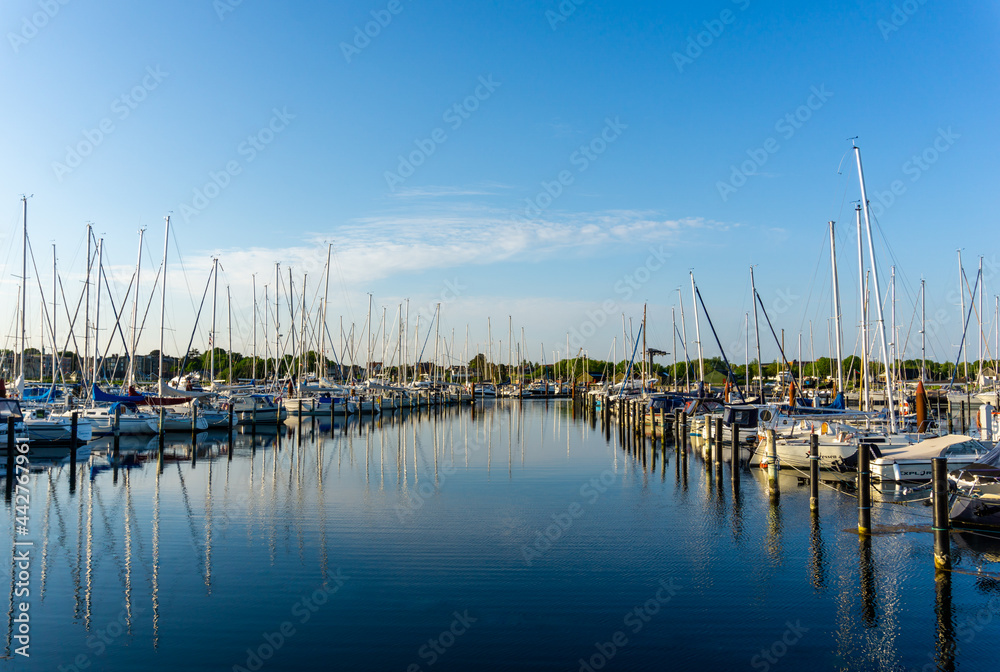 view of the marina and yacht harbor in Middelfart in southern Denmark in warm evening light