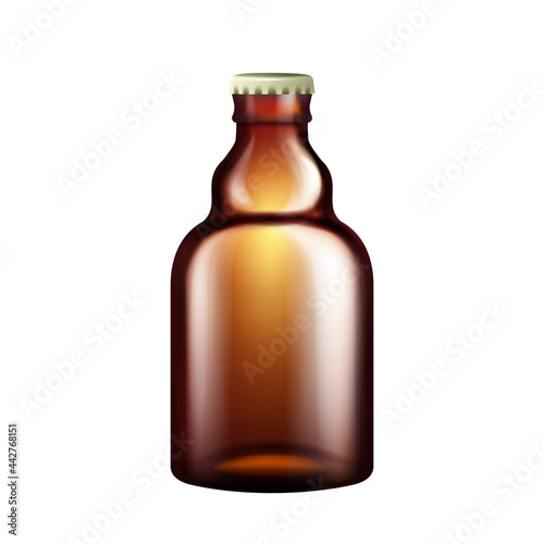 Stubby Bottle Of Beer Or Mineral Water Vector. Blank Brown Glass Closed With Metallic Cap Stubby Bottle Of Alcoholic Drink. Transparency Container Template Realistic 3d Illustration
