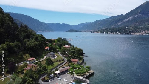 Aerial landscape from the drone on a sunny day of Como lake in Bellagio, north Italy, Lombardy