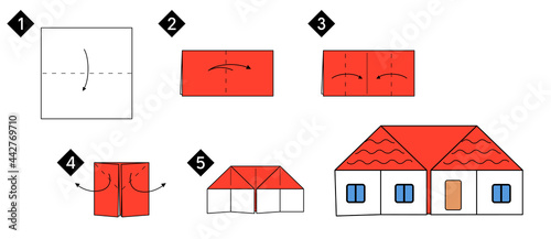 Step by step how to make origami house. Vector blzck line color instructions illustration. Home DIY.