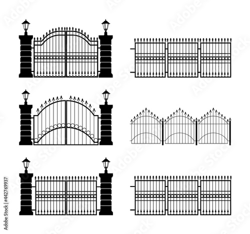 Set of Fence vector icons. Decorative black fences with gates flat isolated vector illustration	