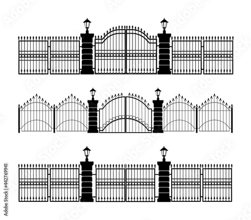 Set of Fence vector icons. Decorative black fences with gates flat isolated vector illustration 