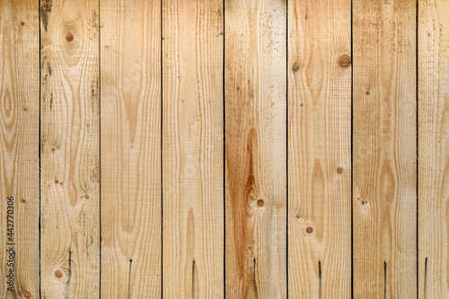 Light wood wall texture. Natural wood background. Old wooden fence made of vertical planks in a rural area.