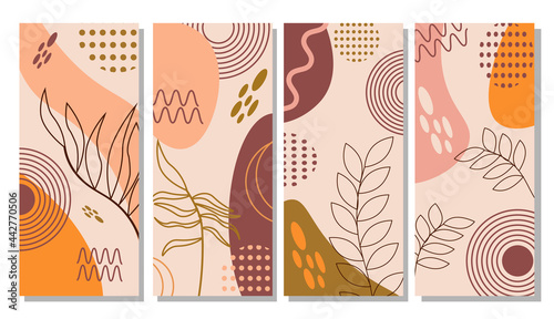 A set of patterns with abstract spots of natural shades and leaves. Vector illustration. For use and design of social networks, cards and invitations, covers, banners and flyers, prints, promotions.