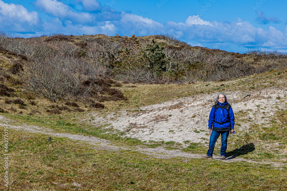 Dutch dune nature reserve with a woman in a blue jacket standing on a hiking trail surrounded by sandy hills, dry heather, grass and some trees, sunny day in Camperduin, North Holland, Netherlands