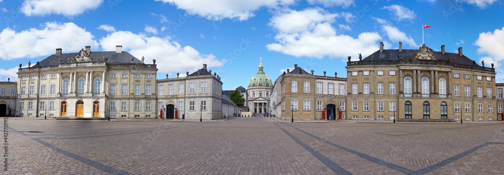 panorama view of the Amalienborg palaces and square in downtown Copenhagen