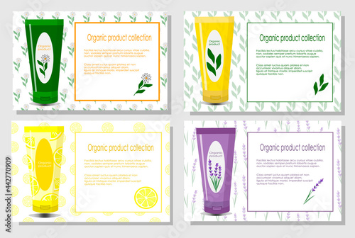 Set with beauty products flyers with place for text. Organic natural cosmetics illustration. Vector over white background. For use in beauty salons and spas, cosmetics stores, in advertisements
