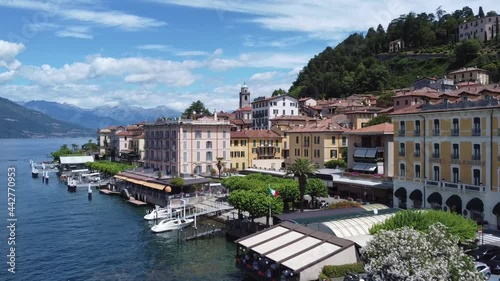 Aerial landscape from the drone on a sunny day of Como lake in Bellagio, north Italy, Lombardy