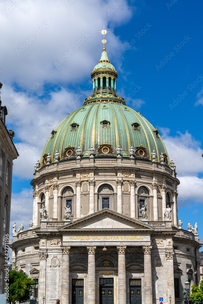 view of the dome of the historic Frederiks Church in downtown Copenhagen